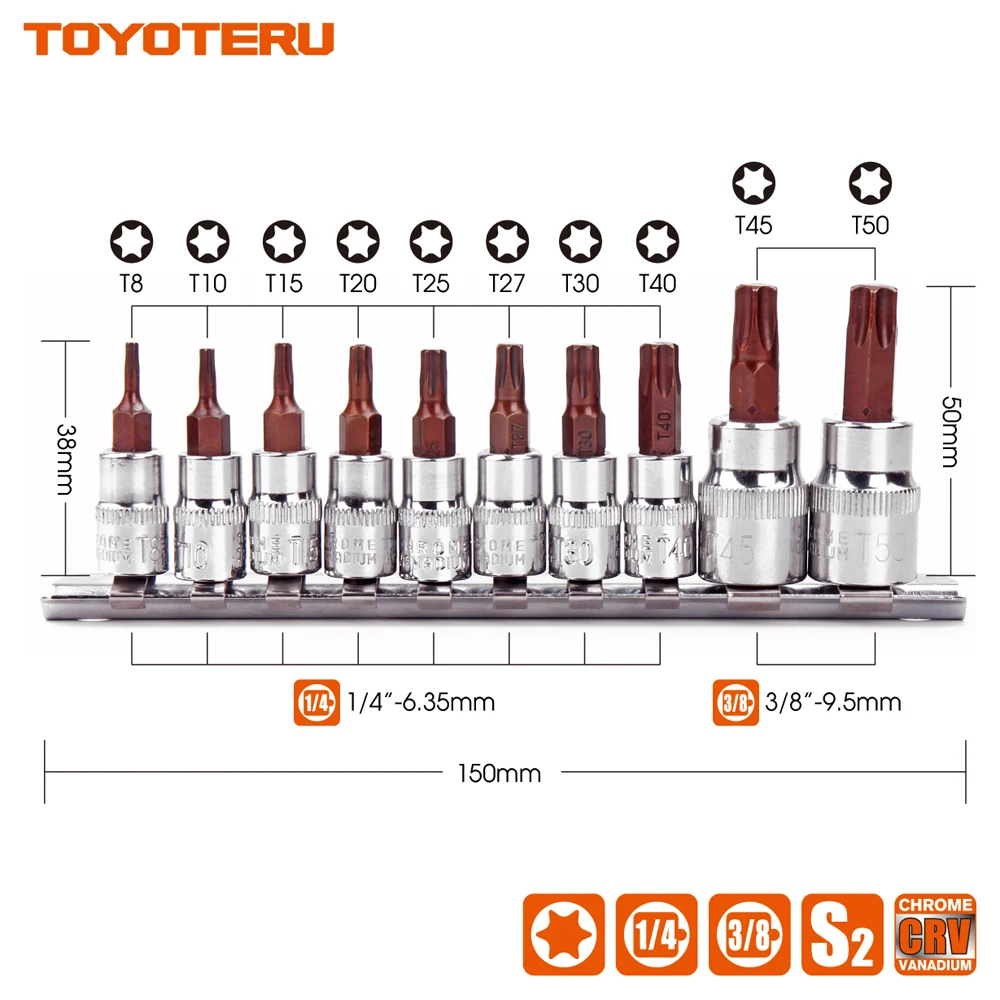 TOPYOTERU 10 шт. торкс бит CR V гнездо 1/4 "3/8" диск звезда S2 T8 T10 T15 T20 T25 T27 T30 T40 T45 T50