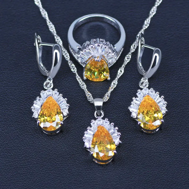 Sparking Yellow Jewelry Sets Water Drop Cubic Zirconia CZ Stone Silver Color Necklace Earrings Necklaces Finger Rings
Sparking Yellow Jewelry Sets Water Drop Cubic Zirconia CZ Stone Silver Color Necklace Earrings Necklaces Finger Rings