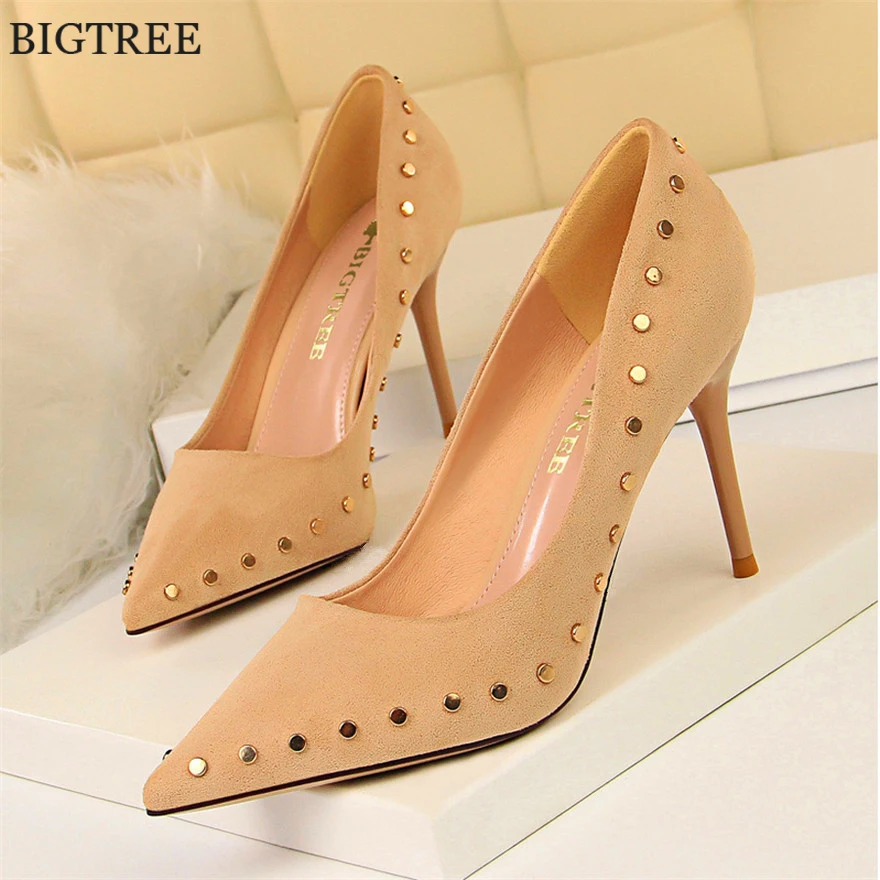 

New Sexy Rivet Leather High Heels Pumps Stiletto 9cm Pointed Toe Women's Shoes Shallow Flock Woman Wedding Party Shoes Red Khaki