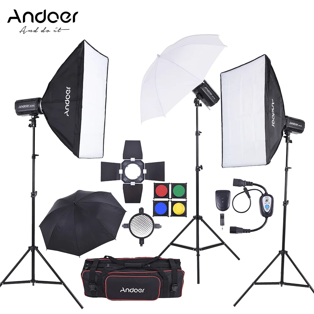 Andoer MD-300 900W (300W * 3) студийный стробоскоп, набор вспышесветильник с подсветильник вкой, софтбоксом, овечьим фонарем, дверным триггером
Andoer MD-300 900W (300W * 3) студийный стробоскоп, набор вспышесветильник с подсветильник вкой, софтбоксом, овечьим фонарем, дверным триггером