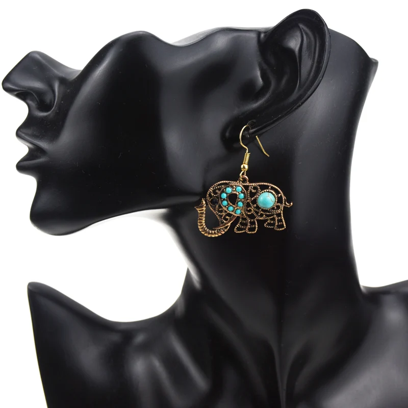 Vintage Gold Color Alloy Elephant Shape Antique Silver Plated Earrings Green Natural Stone Bohemia Boho For Women | Украшения и