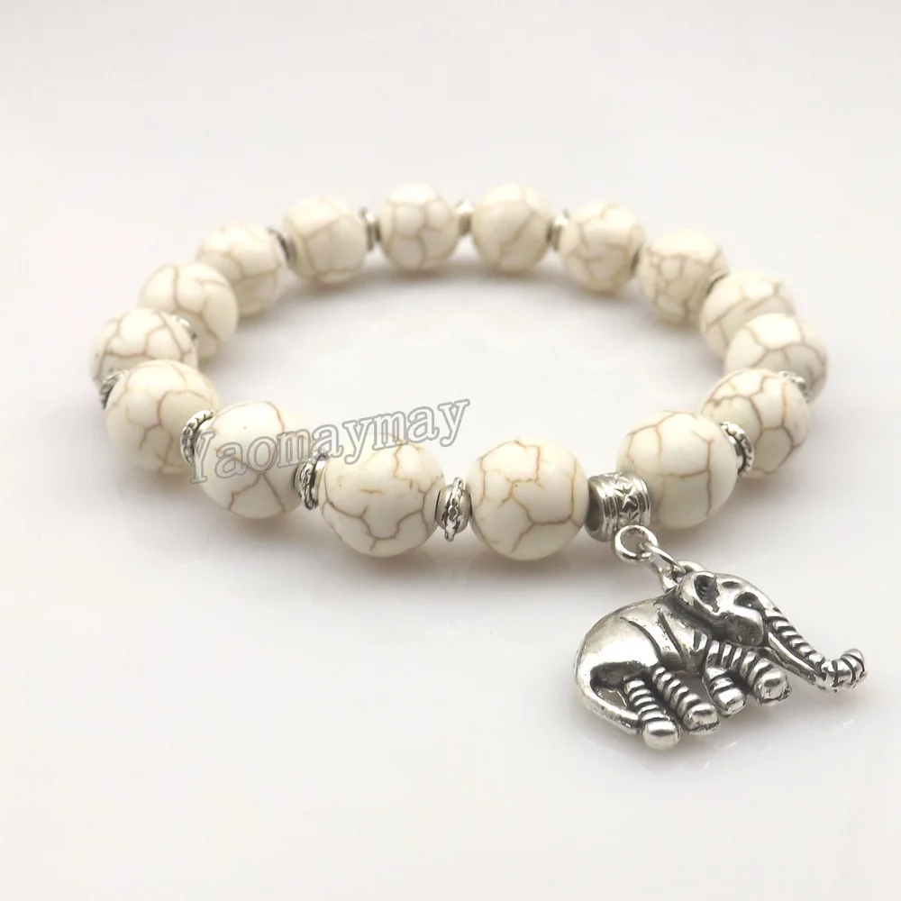 Antique Silver Plated Elephant Pendant 10mm White Turquoises Beaded Bracelets For Gift 12pcs/Lot
Antique Silver Plated Elephant Pendant 10mm White Turquoises Beaded Bracelets For Gift 12pcs/Lot