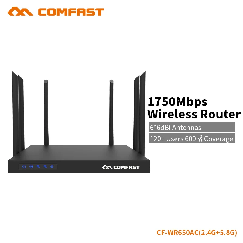 COMFAST 1750Mbps Wifi Router 5.8G 1300Mbps + 2.4G 450Mbps 6* High Power Antenna Wifi AP 600sq Coverage 160+ Users CF-WR650AC
COMFAST 1750Mbps Wifi Router 5.8G 1300Mbps + 2.4G 450Mbps 6* High Power Antenna Wifi AP 600sq Coverage 160+ Users CF-WR650AC