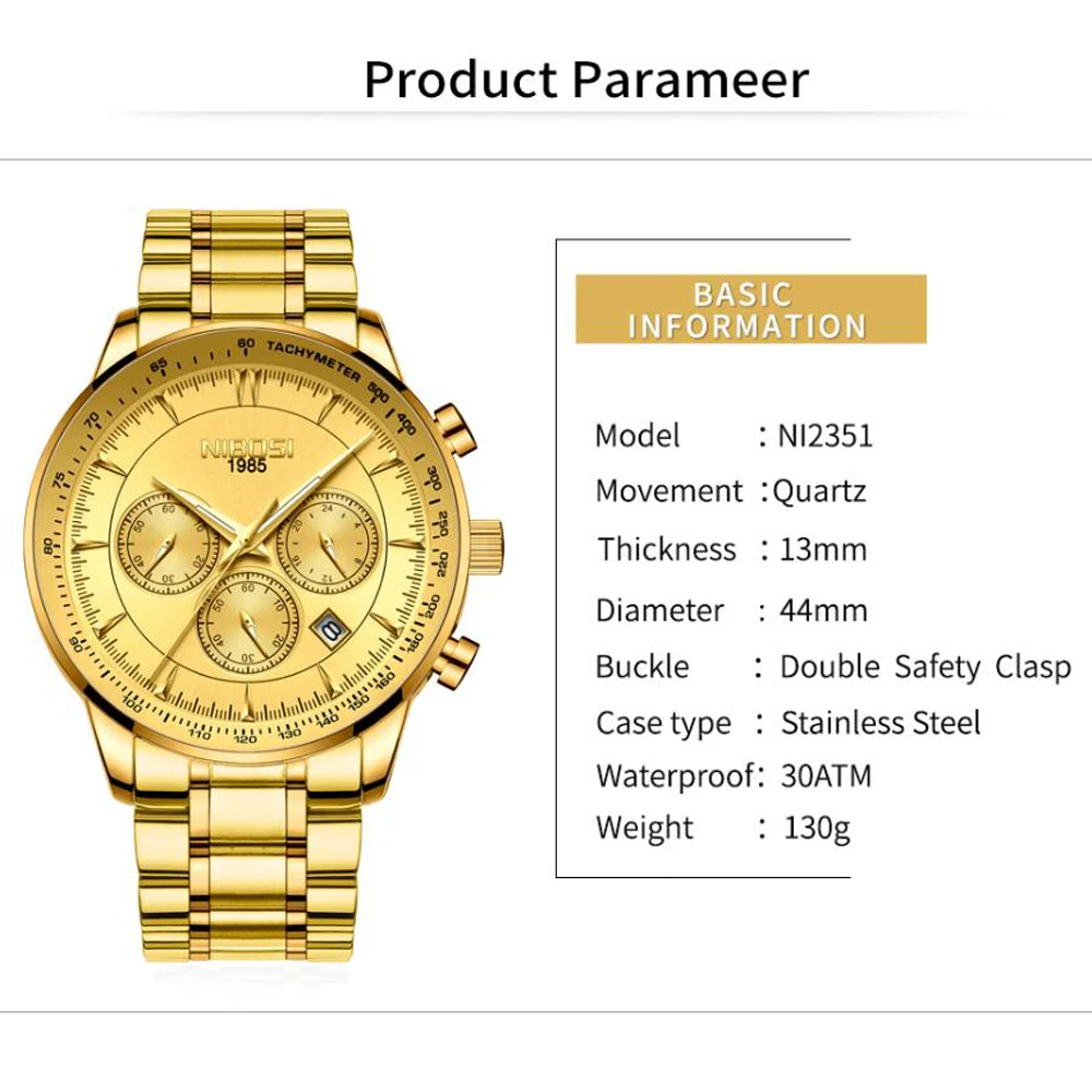 NIBOSI Mens Watches Top Brand Luxury Waterproof Chronograph Quartz Watch Men Sport Watch Fashion Casual Military Gold Clock Men
NIBOSI Mens Watches Top Brand Luxury Waterproof Chronograph Quartz Watch Men Sport Watch Fashion Casual Military Gold Clock Men