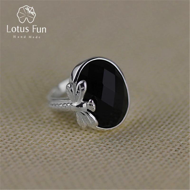 Женское винтажное кольцо с черным агатом Lotus Fun изящное дизайнерское ручного