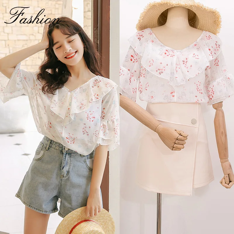 2019 new women's Cute Sweet chiffon Floral Tops summer ruffled Korean Japan Style Clothes Design short-sleeved Casual Lady
2019 new women's Cute Sweet chiffon Floral Tops summer ruffled Korean Japan Style Clothes Design short-sleeved Casual Lady