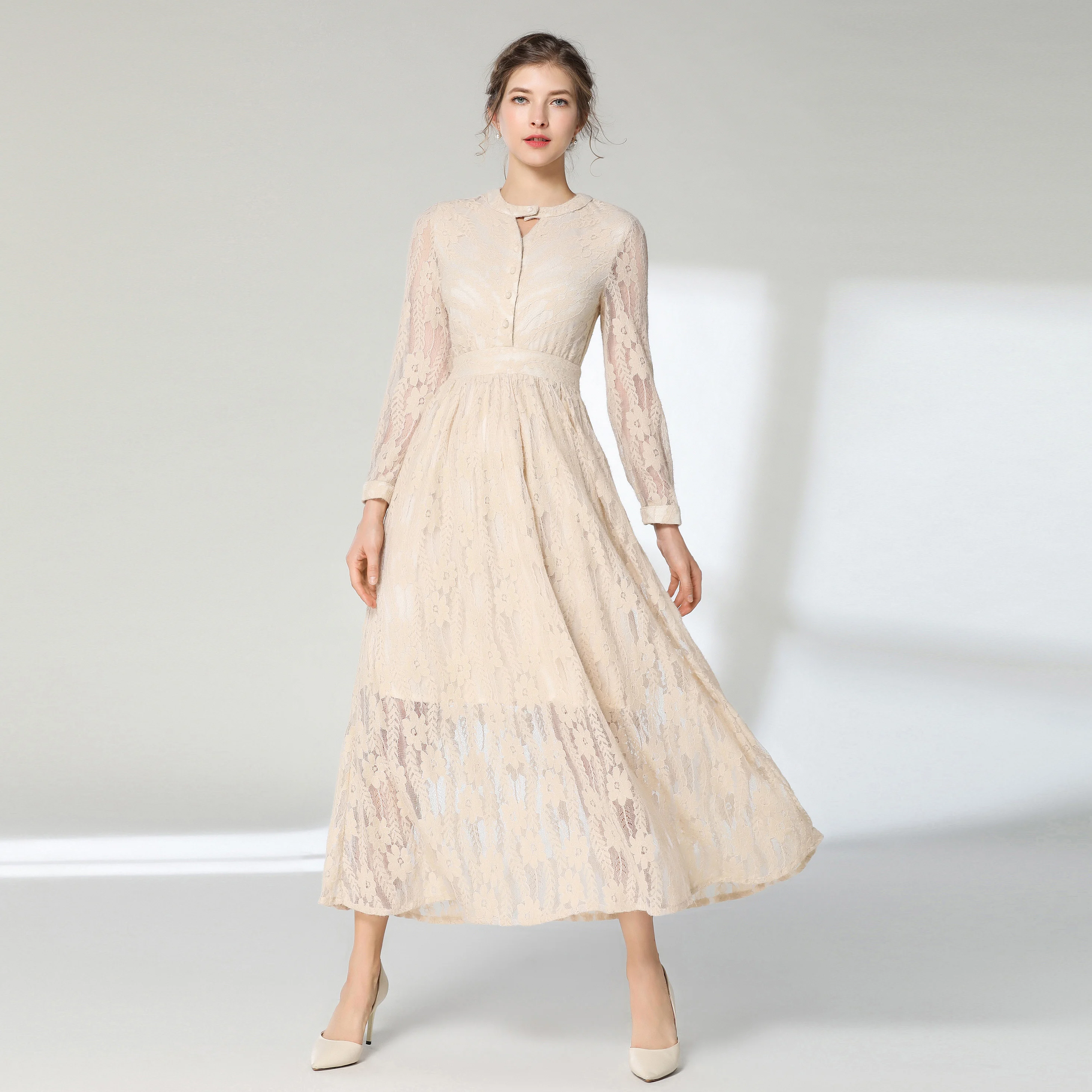 2019 Spring England Style Temperament Long Dress Beige Hollow Out Lace Fashion Casual Dress Women Party Dresses
2019 Spring England Style Temperament Long Dress Beige Hollow Out Lace Fashion Casual Dress Women Party Dresses