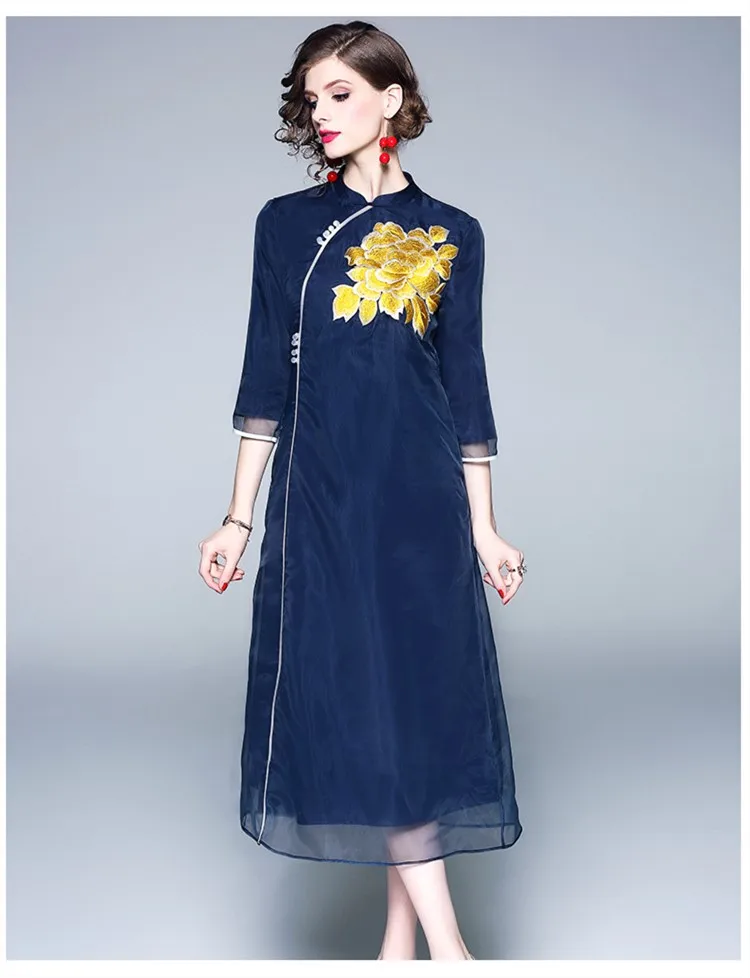 New spring Chinese literary retro style gold poney Embroidered elegant two-layers Improved organza cheongsam dress for women
New spring Chinese literary retro style gold poney Embroidered elegant two-layers Improved organza cheongsam dress for women