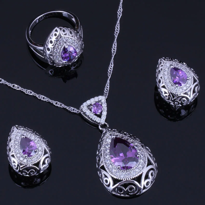 Water Drop Purple Cubic Zirconia White CZ Silver Plated Jewelry Sets Earrings Pendant Chain Ring V0317
Water Drop Purple Cubic Zirconia White CZ Silver Plated Jewelry Sets Earrings Pendant Chain Ring V0317