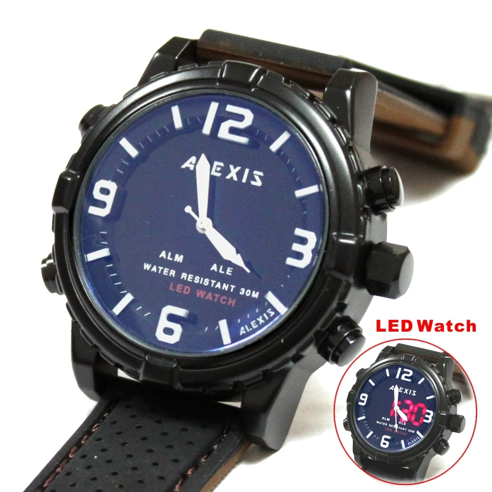Alexis Brand Water Resistant Silicone Black with Brown Band Dual Time Anadigit Watches for men led watch montre homme horloge
Alexis Brand Water Resistant Silicone Black with Brown Band Dual Time Anadigit Watches for men led watch montre homme horloge