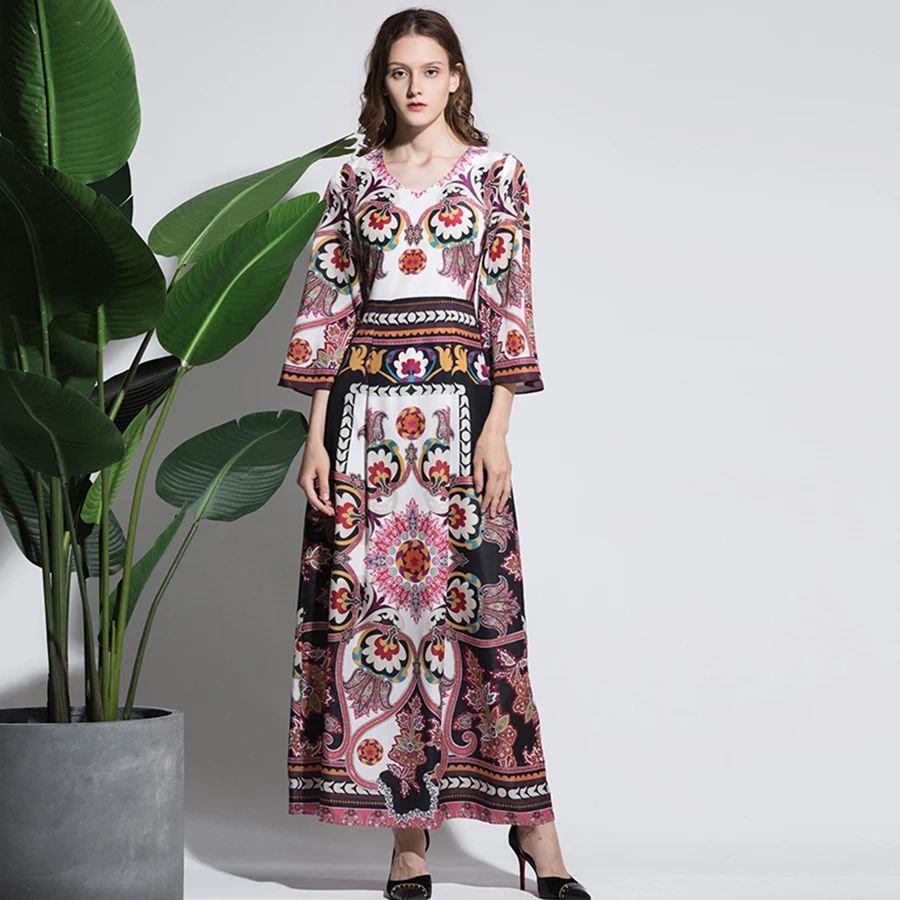 Vintage Long Women Dresses 2021 Autumn New Fashion V-Neck Retro Ethnic Floral Print 3/4 Flare Sleeve Ankle-Length Luxury Dress
Vintage Long Women Dresses 2021 Autumn New Fashion V-Neck Retro Ethnic Floral Print 3/4 Flare Sleeve Ankle-Length Luxury Dress