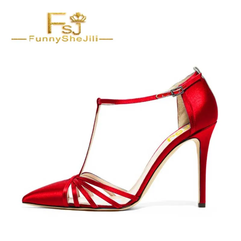 FSJ Elegant Noble Sexy Red Satin T Strap Sandals Stiletto Heels Closed Toe Sandals Attractive Incomparable Generous Fashion
FSJ Elegant Noble Sexy Red Satin T Strap Sandals Stiletto Heels Closed Toe Sandals Attractive Incomparable Generous Fashion