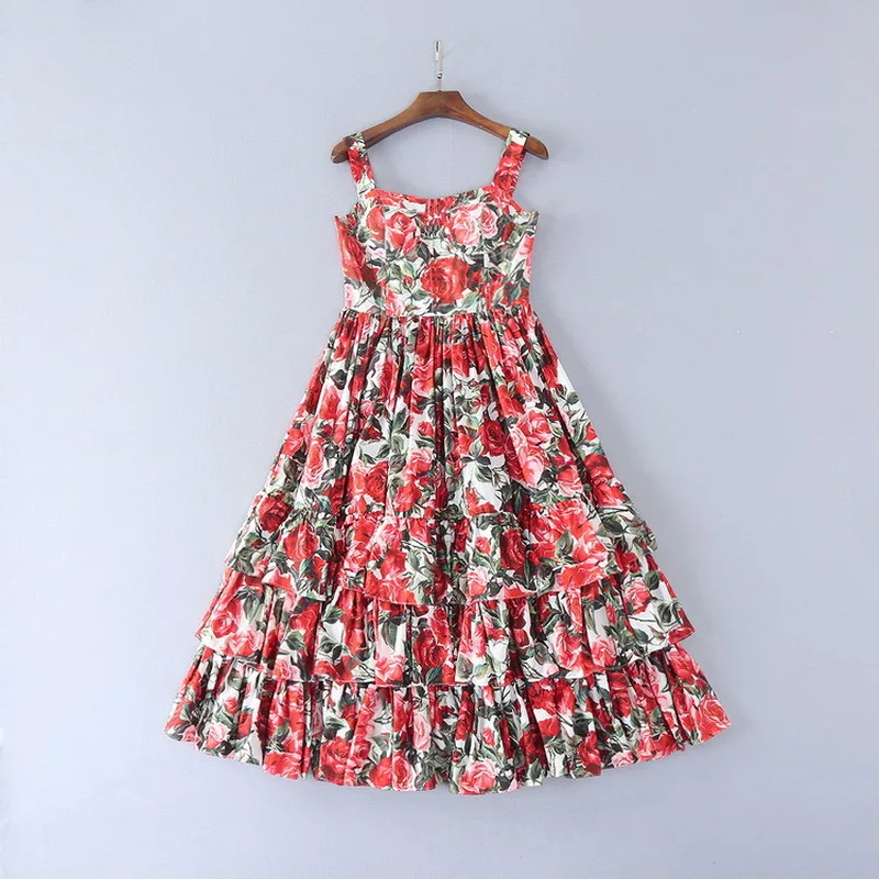 2020 Summer Fashion Strap Dress High Quality Women Red Rose Flower Print Cascading Ruffle Patchwork Sleeveless Large Swing Dress
2020 Summer Fashion Strap Dress High Quality Women Red Rose Flower Print Cascading Ruffle Patchwork Sleeveless Large Swing Dress