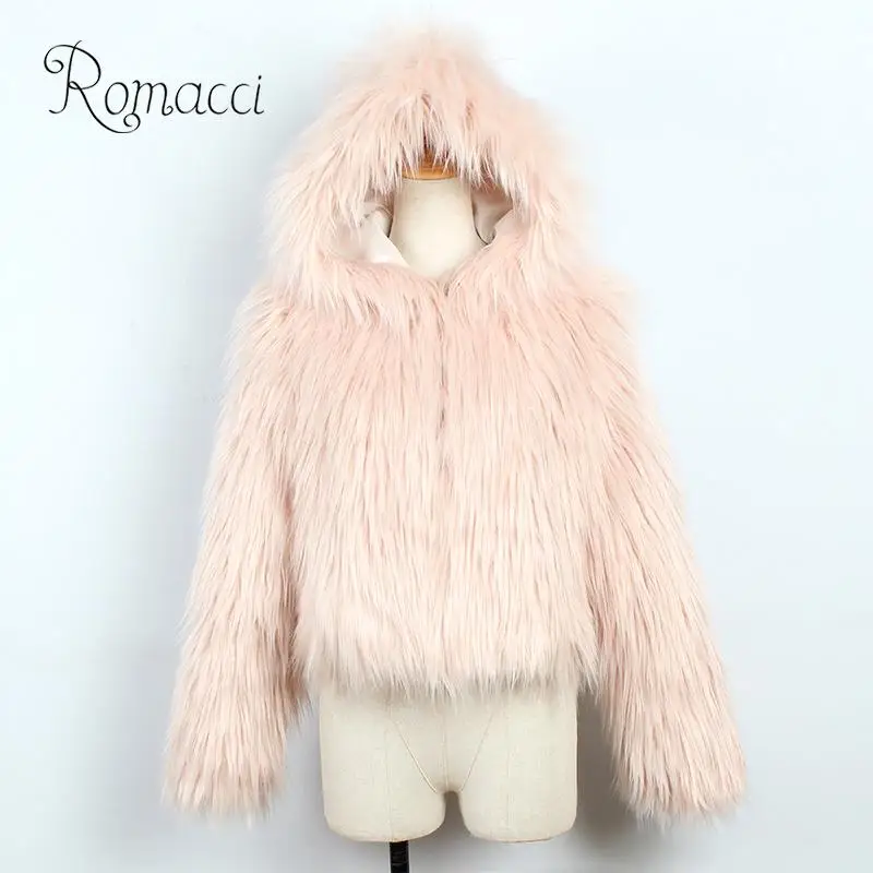 Модное женское зимнее Укороченное пальто Romacci из искусственного меха с капюшоном
