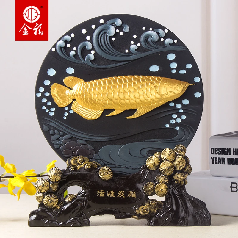 

HOME office business TOP decoration ART Money Drawing Mascot Bamboo charcoal carving gold Fish Arowana FENG SHUI ART Sculpture