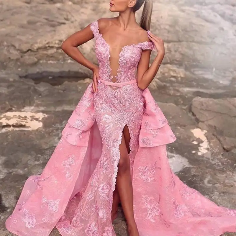 Applique Mermaid Evening Dress With Detachable Overskirt Off Shoulder Side Split Illusion Lace Custom Made Evening Dresses Long
Applique Mermaid Evening Dress With Detachable Overskirt Off Shoulder Side Split Illusion Lace Custom Made Evening Dresses Long