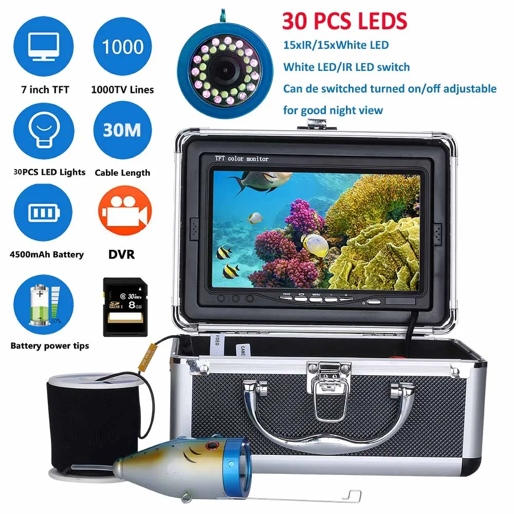 7" Inch DVR Recorder 30M 1000TVL Fish Finder Underwater Fishing Camera 15pcs White LEDs + 15pcs Infrared Lamp For Ice/Sea/River
7" Inch DVR Recorder 30M 1000TVL Fish Finder Underwater Fishing Camera 15pcs White LEDs + 15pcs Infrared Lamp For Ice/Sea/River