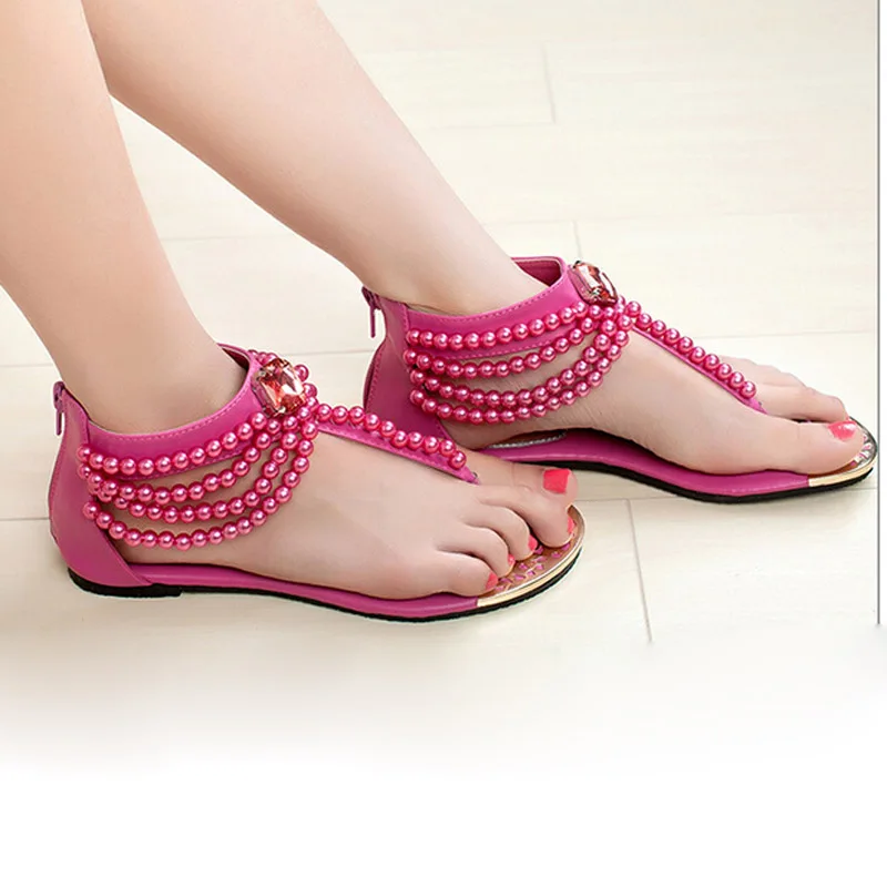 Женские сандалии-гладиаторы с бусинами летние богемные туфли на плоской подошве