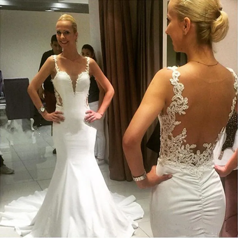 Sexy Spaghetti Straps 2019 Lace Mermaid Wedding Dresses See Through Back Appliques Sleeveless Custom Made Wedding Dress Vestidos
Sexy Spaghetti Straps 2019 Lace Mermaid Wedding Dresses See Through Back Appliques Sleeveless Custom Made Wedding Dress Vestidos