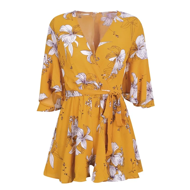

2020 V Neck Floral Print Bohemian Summer Playsuits Flare Sleeve Bow Sashes Sexy Rompers Womens Jumpsuits Macacao Feminino J8616