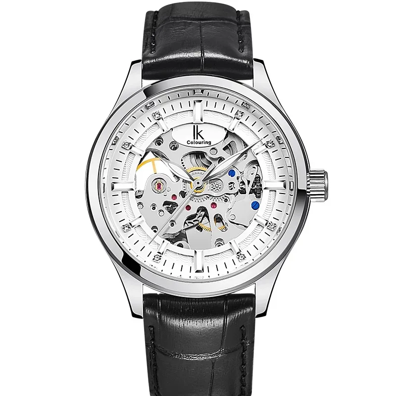 IK Colouring Mens Watches Top Brand Luxury Auto Mechanical Skeleton Dial Leather Belt Men's Golden Watches Montre Homme