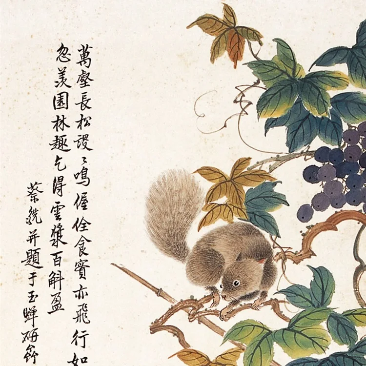 Chinese Silk Watercolor Flower Animals squirrel grapes daisy Feng Shui ink art wall picture damask framed scroll canvas painting | Дом и сад
