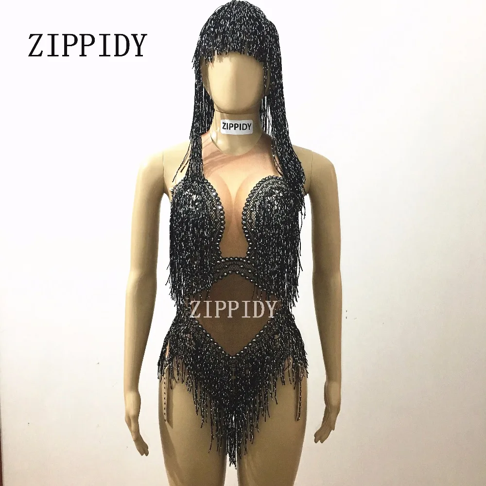 Shining Black Tassel Bodysuit Nigthclub Rhinestones Outfit Glisten stones One-piece Headpiece Costume Stage Leotard Headdress
Shining Black Tassel Bodysuit Nigthclub Rhinestones Outfit Glisten stones One-piece Headpiece Costume Stage Leotard Headdress