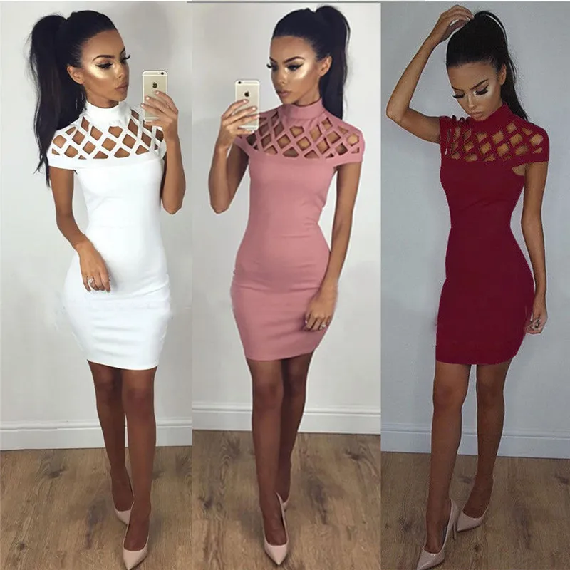 New Fashion Womens Sexy Hollow Out High Neck Dress Ladies Bodycon Slim Short Sleeve Evening Party Pencil Mini | Женская одежда