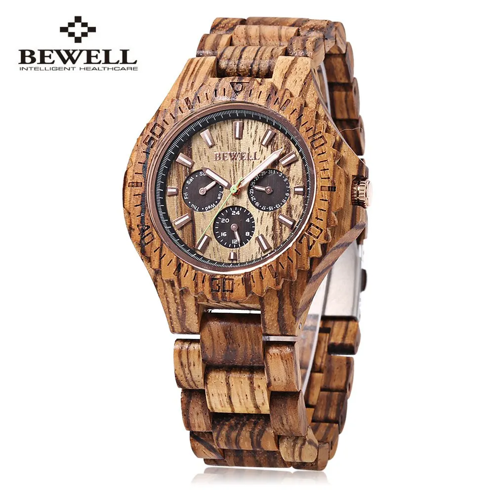 Фото Мужские Аналоговые кварцевые часы BEWELL с деревянным ремешком|hombre|hombre reloj |