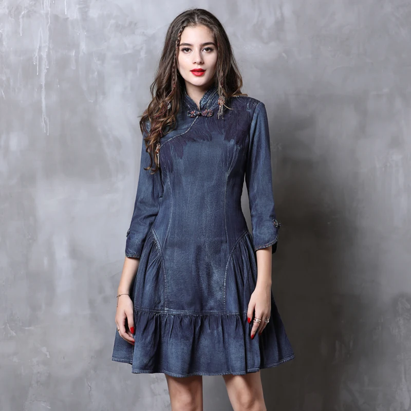 Vintage Autumn Cheongsam Dress Women 2018 New Denim Dresses Chinoiserie Ruffles Mandarin Collar 3/4 Sleeve China Style Dress
Vintage Autumn Cheongsam Dress Women 2018 New Denim Dresses Chinoiserie Ruffles Mandarin Collar 3/4 Sleeve China Style Dress
