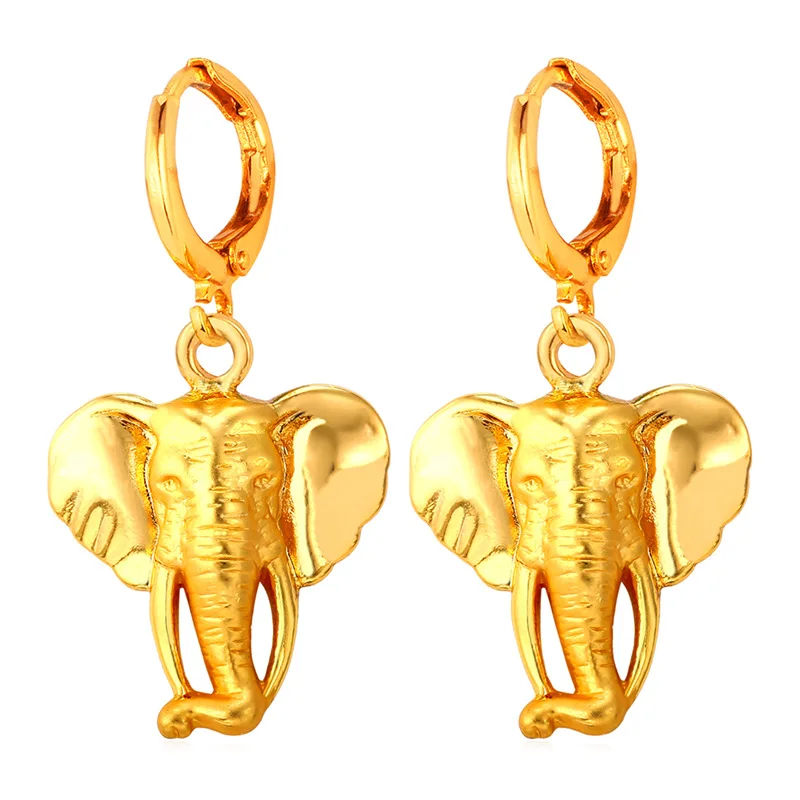 Серьги подвески в винтажном стиле с головой слона желтого золота|gold color earrings|colorful