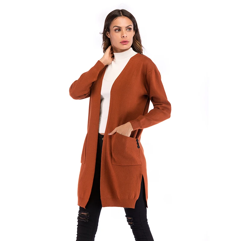 European and American women's jacket long fork knitted cardigan double pocket pure color sweater womens sweaters 2018 winter
European and American women's jacket long fork knitted cardigan double pocket pure color sweater womens sweaters 2018 winter