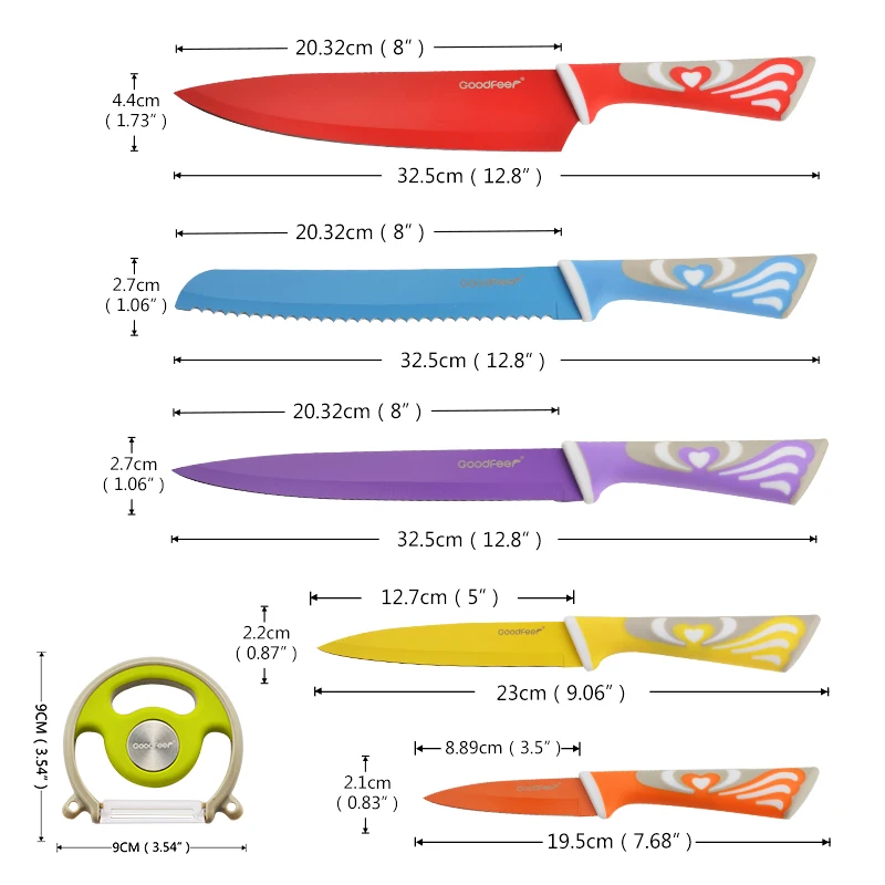 Goodfeer 6 PCS Knife & Ceramic Peeler Set Round Ceramic Peeler+8"Chef+8"Bread+8"Carving+5"Utility+3.5"Paring Kitchen Knives Set
Goodfeer 6 PCS Knife & Ceramic Peeler Set Round Ceramic Peeler+8"Chef+8"Bread+8"Carving+5"Utility+3.5"Paring Kitchen Knives Set