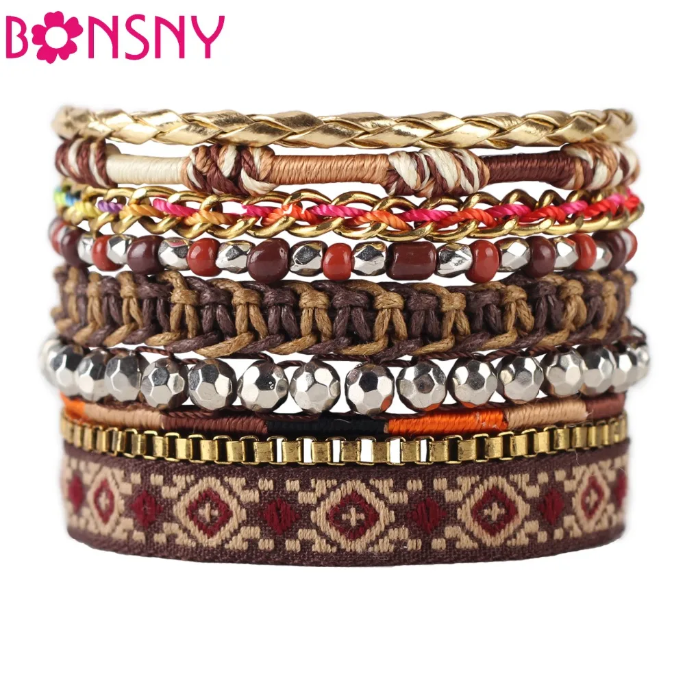 

Bonsny 2017 New Luxury Sequins Bead Handmade Bracelet Multilayer Weave Fashion Bohemia Bracelets Bangle Jewelry For Girl Women