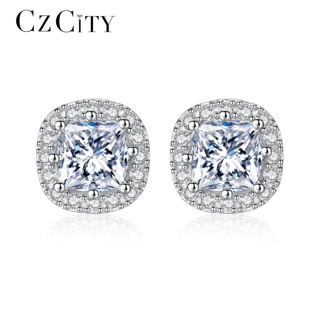 

CZCITY Classic Luxury Clear AAA Cubic Zirconia Main Square Stone S925 Sterling Silver Stud Earrings for Women for Wedding Gift