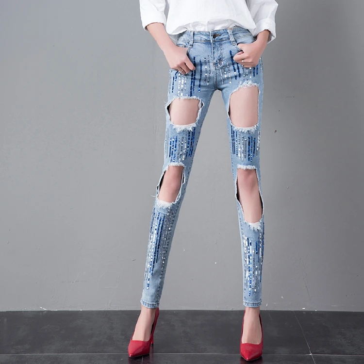 Novelty fashion sequins hole denim pants summer Women Cotton Skinny Pencil Pants street casual jeans
Novelty fashion sequins hole denim pants summer Women Cotton Skinny Pencil Pants street casual jeans