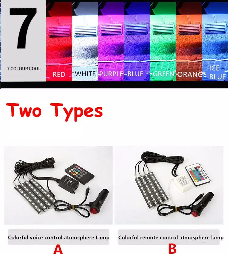 4Pcs Wireless Remote Music Voice Sound Control Car RGB LED Neon Interior Light Lamp Strip Decorative Lights 2 Styles For Choose
4Pcs Wireless Remote Music Voice Sound Control Car RGB LED Neon Interior Light Lamp Strip Decorative Lights 2 Styles For Choose