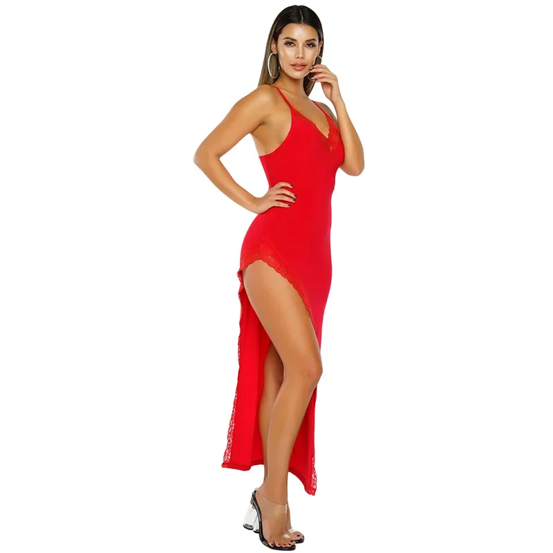 ADEWEL 2019 с боковыми кружевной отделкой вечерние платье черный красный v-образный