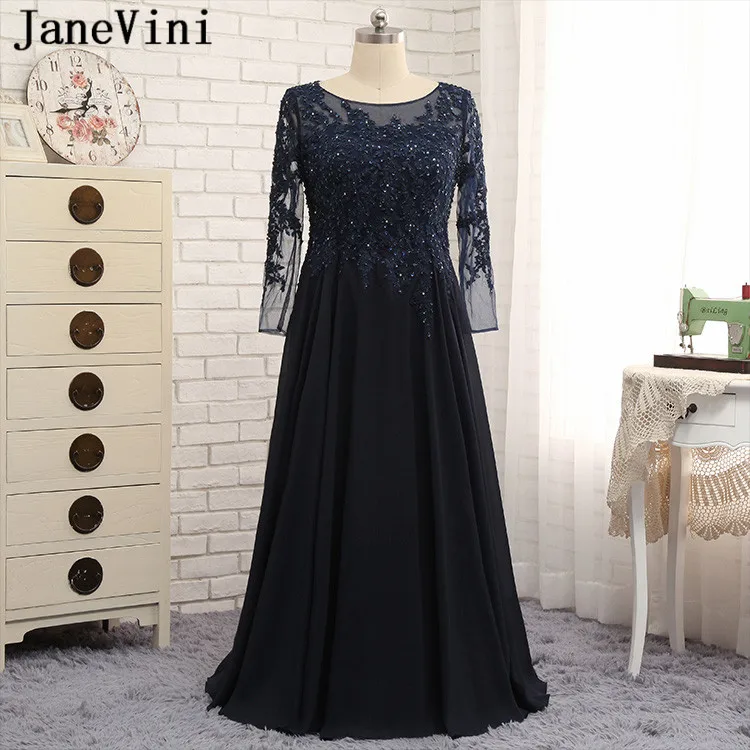 JaneVini Vestidos Navy Blue Plus Size Mother of Bride Dresses 2018 A Line Long Sleeve Lace Appliques Beads Chiffon Evening Gowns
JaneVini Vestidos Navy Blue Plus Size Mother of Bride Dresses 2018 A Line Long Sleeve Lace Appliques Beads Chiffon Evening Gowns