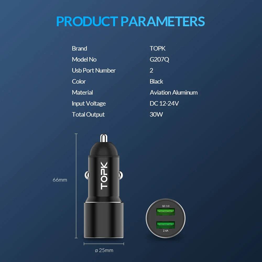TOPK G207Q Dual USB Car Charger Quick Charge 3.0 Fast Charger Car-Charger for iPhone Xiaomi Phone Charger Adapter in car
TOPK G207Q Dual USB Car Charger Quick Charge 3.0 Fast Charger Car-Charger for iPhone Xiaomi Phone Charger Adapter in car