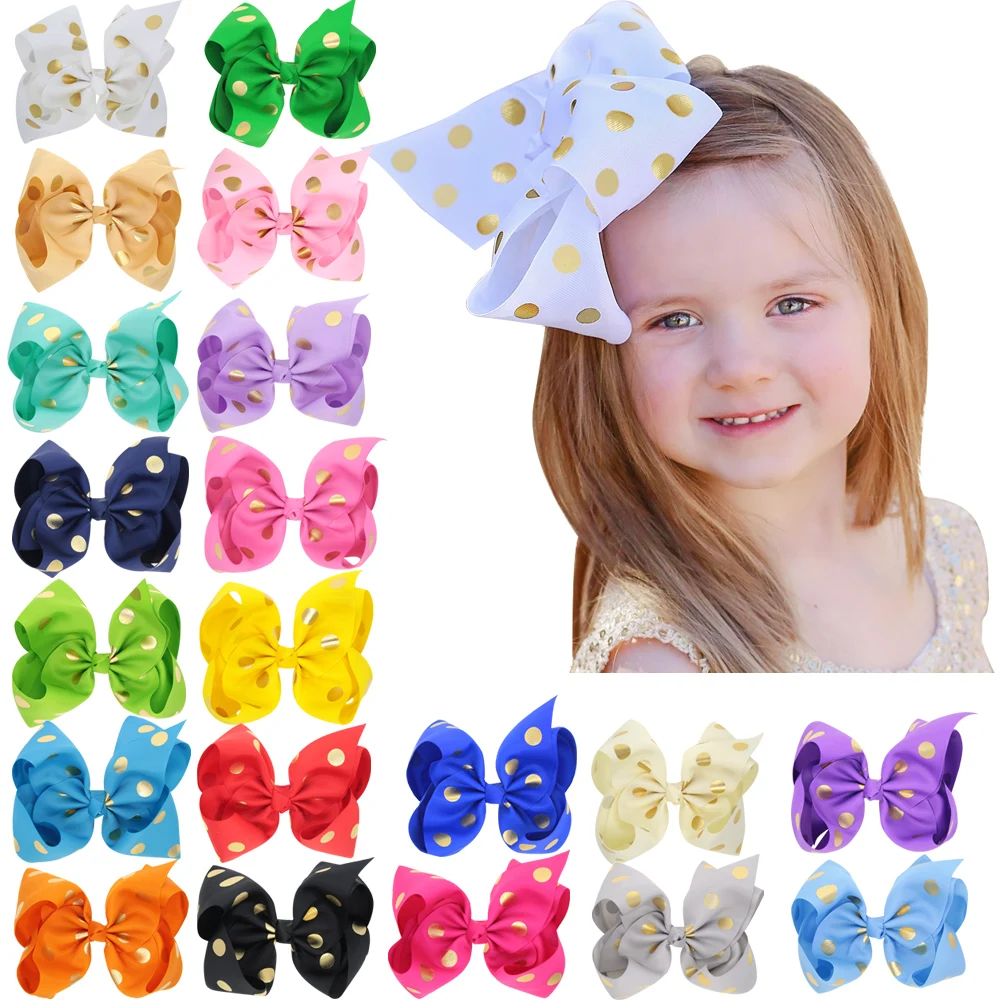 

Wholesale 8 Inch Large Grosgrain Ribbon Gold Polka Dots Boutique JOJO Hair Bows With Alligator Clip For Girl Accessories