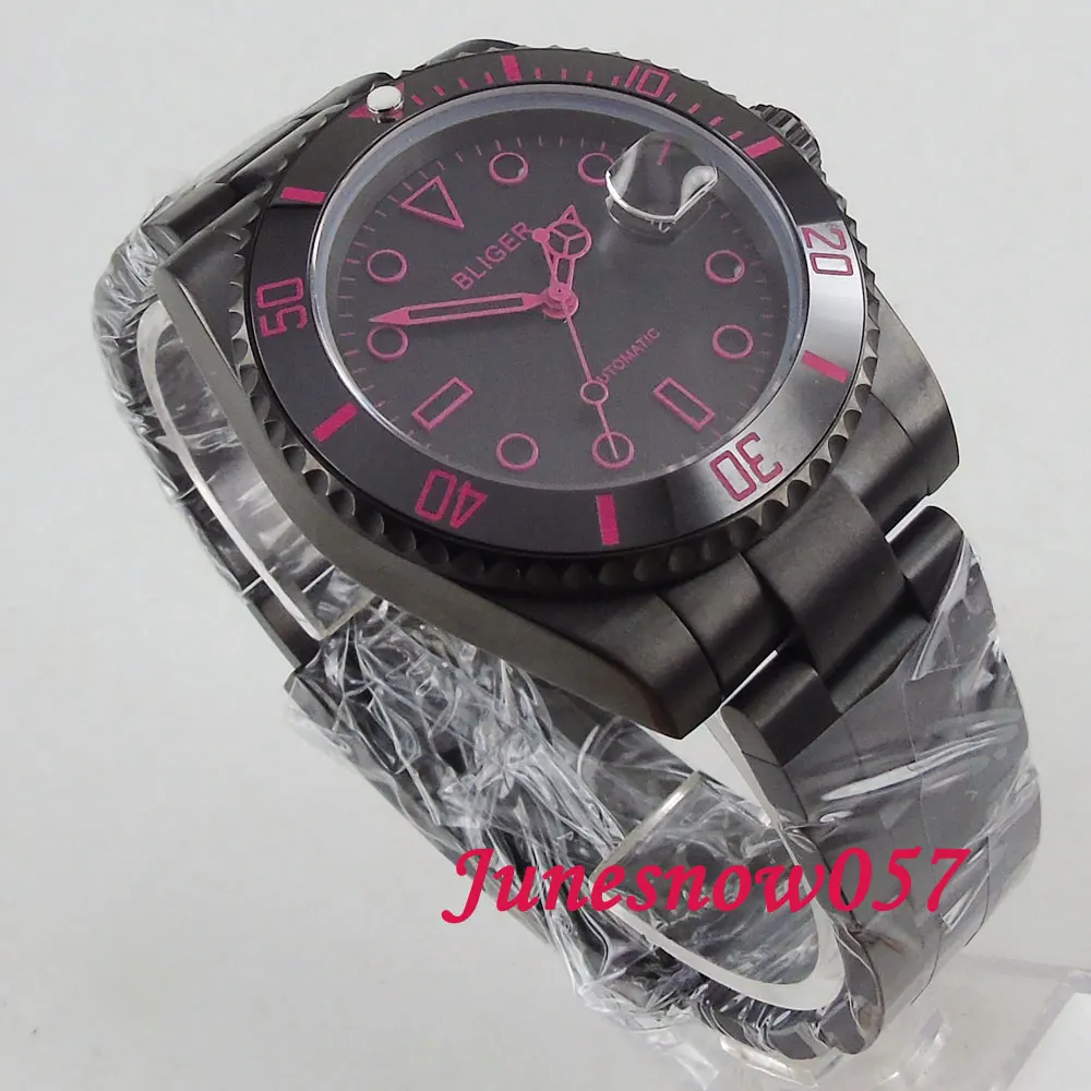 Мужские наручные часы 2019 40 мм PVD Bliger с черным циферблатом розово-красными знаками