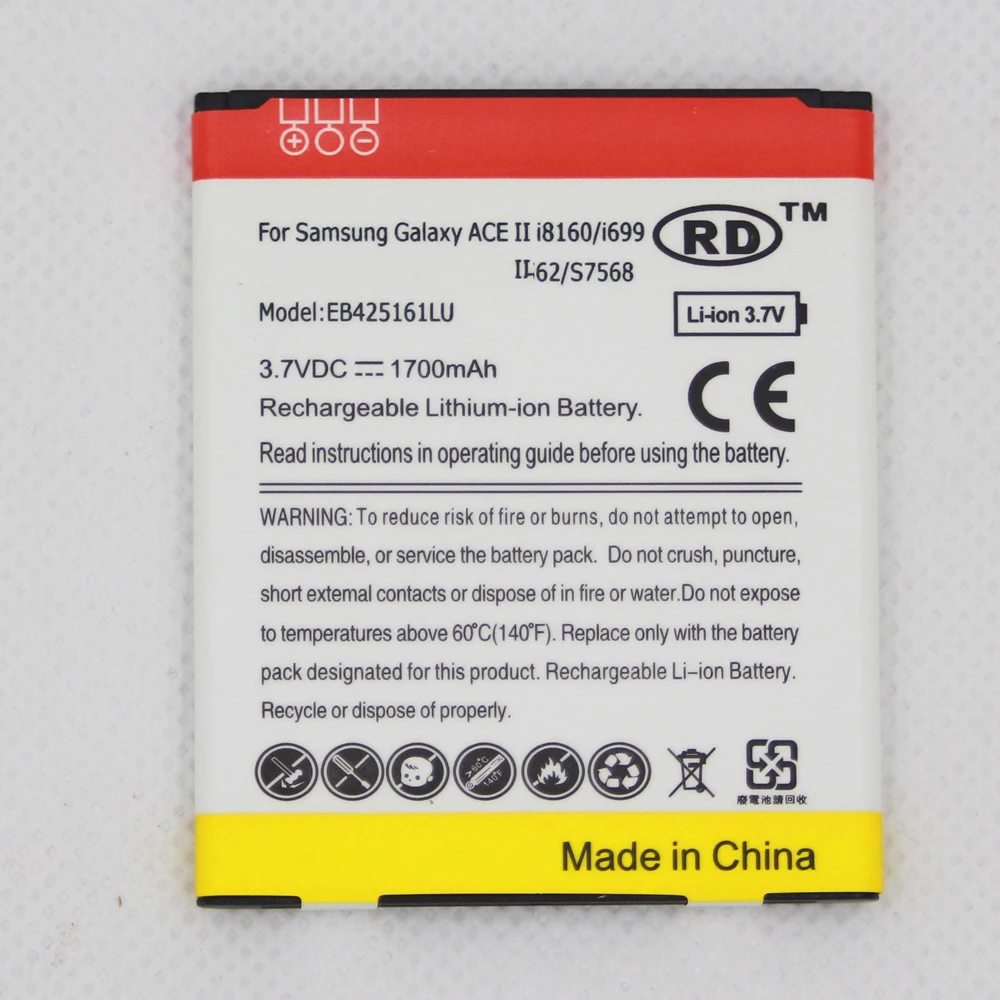 5pcs/lot 1700mAh EB425161LU Phone Battery for Samsung GT-S7562L S7560 S7566 S7568 S7572 S7580 S7582 i8160 i8190 i739 T59
5pcs/lot 1700mAh EB425161LU Phone Battery for Samsung GT-S7562L S7560 S7566 S7568 S7572 S7580 S7582 i8160 i8190 i739 T59