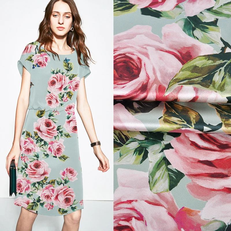 118CM Wide 19MM Pink Rose Print Stretch Green Gray Silk Satin Fabric Good for Summer Dress Skirt Shirt Pants JH147
118CM Wide 19MM Pink Rose Print Stretch Green Gray Silk Satin Fabric Good for Summer Dress Skirt Shirt Pants JH147