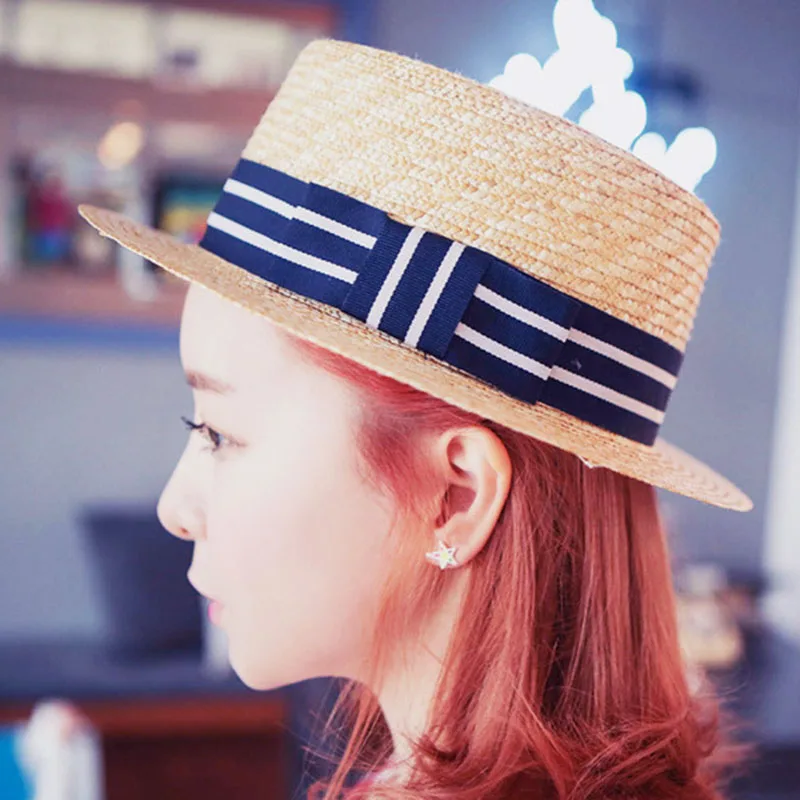 Child Girl boy adult female summer hat British retro bow curling Blue white stripes straw hat flat roof beach sunscreen lm29-2
Child Girl boy adult female summer hat British retro bow curling Blue white stripes straw hat flat roof beach sunscreen lm29-2