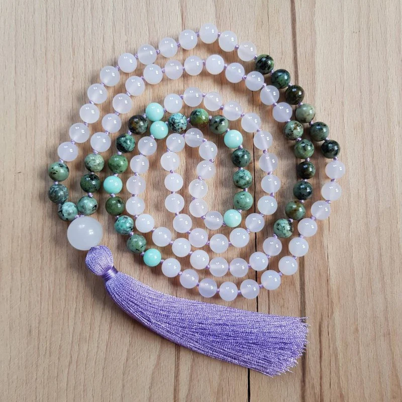 African T-urquoise Mala Necklace Hand Knotted 108 Mala Beads Necklace Handmade Purple Tassel Necklace Healing Jewelry For Women
African T-urquoise Mala Necklace Hand Knotted 108 Mala Beads Necklace Handmade Purple Tassel Necklace Healing Jewelry For Women