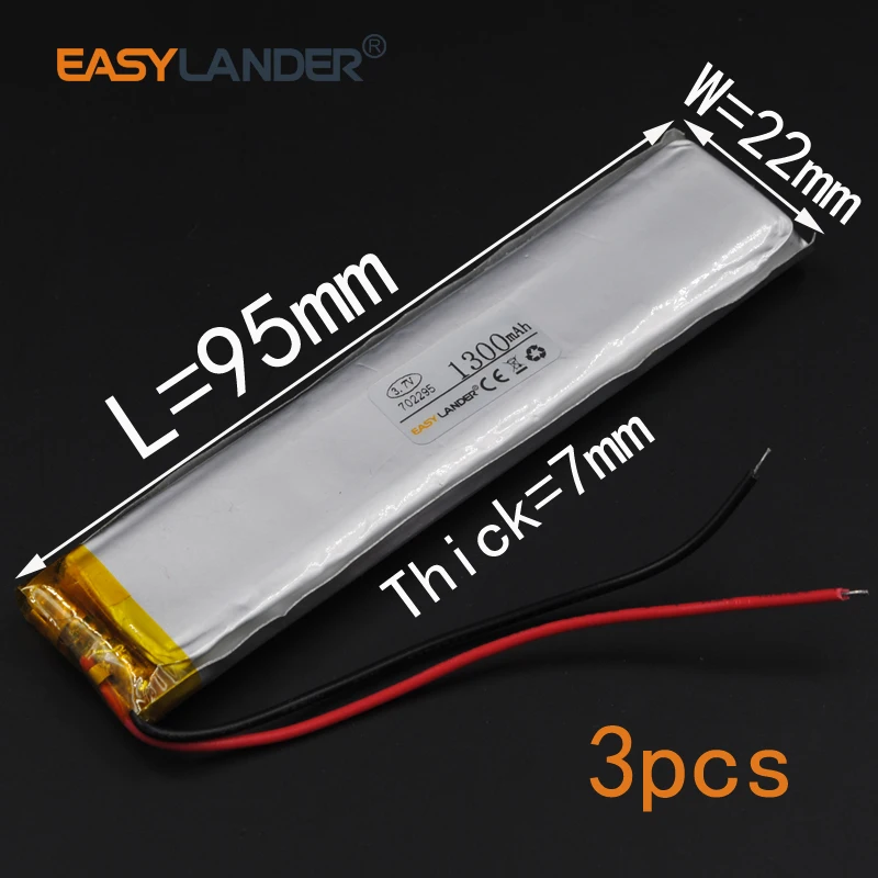 3pcs/Lot 3.7V 1300mAh Rechargeable li Polymer Li-ion Battery For tachograph LED light Toys Bluetooth Speaker 702295 072295
3pcs/Lot 3.7V 1300mAh Rechargeable li Polymer Li-ion Battery For tachograph LED light Toys Bluetooth Speaker 702295 072295