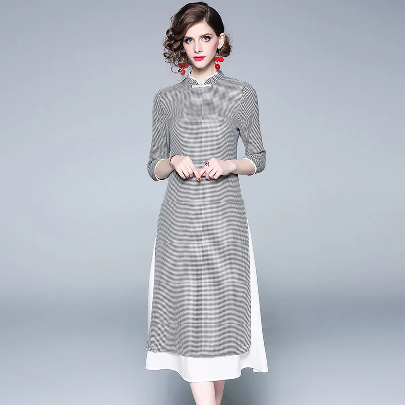 The middle long sleeve improved cheongsam Temperament restoring ancient ways small grid ancient elegant splicing women dress
The middle long sleeve improved cheongsam Temperament restoring ancient ways small grid ancient elegant splicing women dress