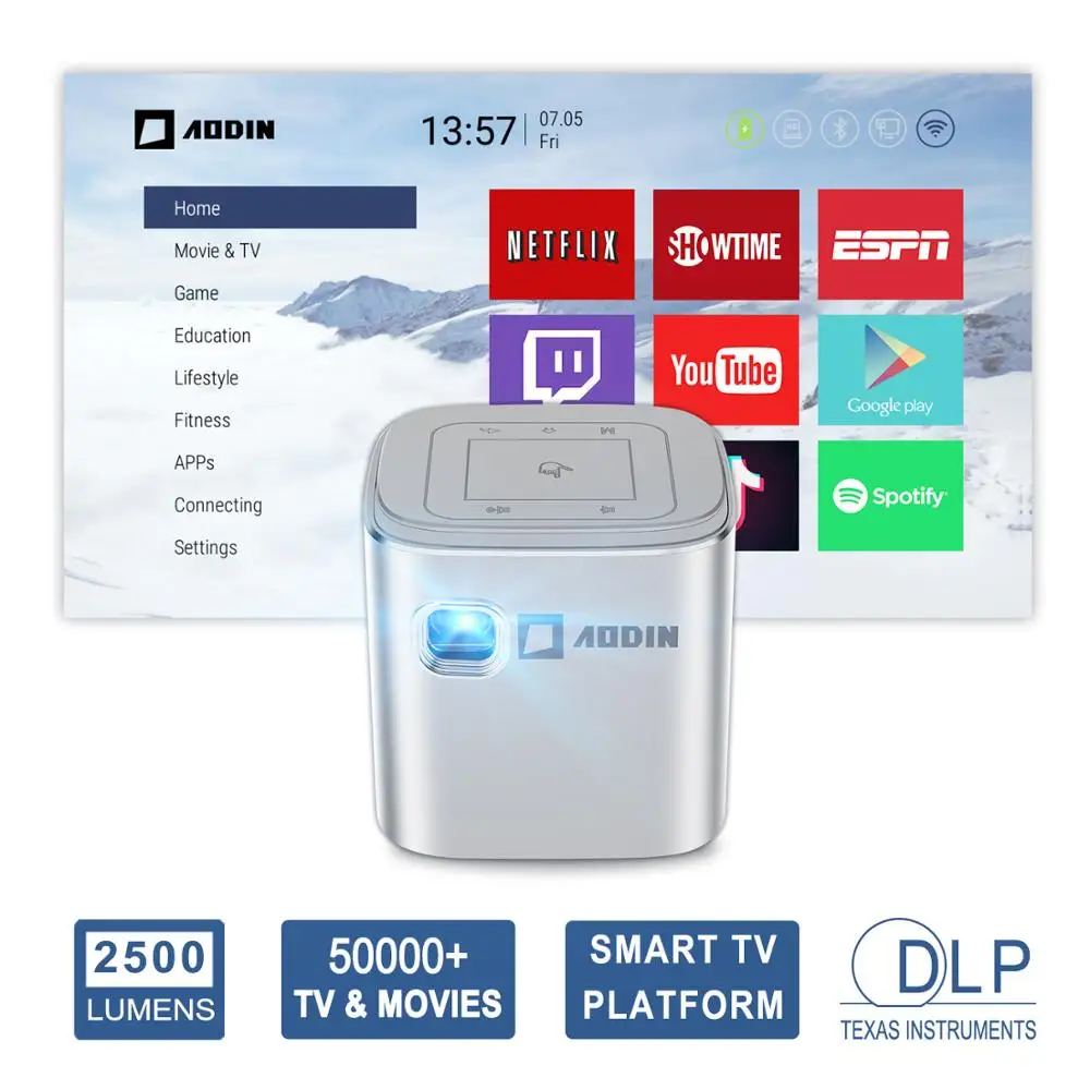 

AODIN Fusion 2500 Lumens WIFI portable mini projector, Pocket size DLP LED TV projector, Support 1080P, Stream 50000+ TV/Movies