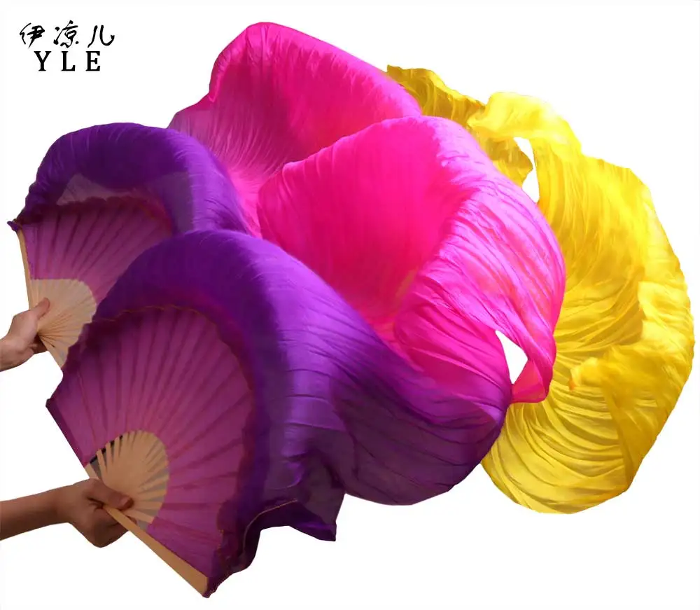 

100% шелк бамбуковые ребра длинные вентиляторы 1 пара левая + правая рука крашеные шелковые вееры для танца живота фиолетовые + розовые + желты...